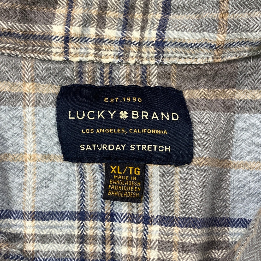 Lucky Brand Western Shirt Mens XL Plaid Saturday Stretch Pearl Snap Blue Grey - Picture 3 of 9